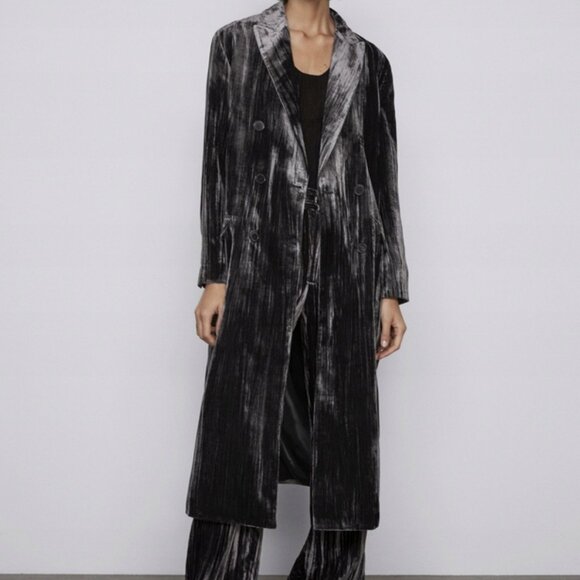 ZARA Long graphite velvet duster coat/jacket size L NWT